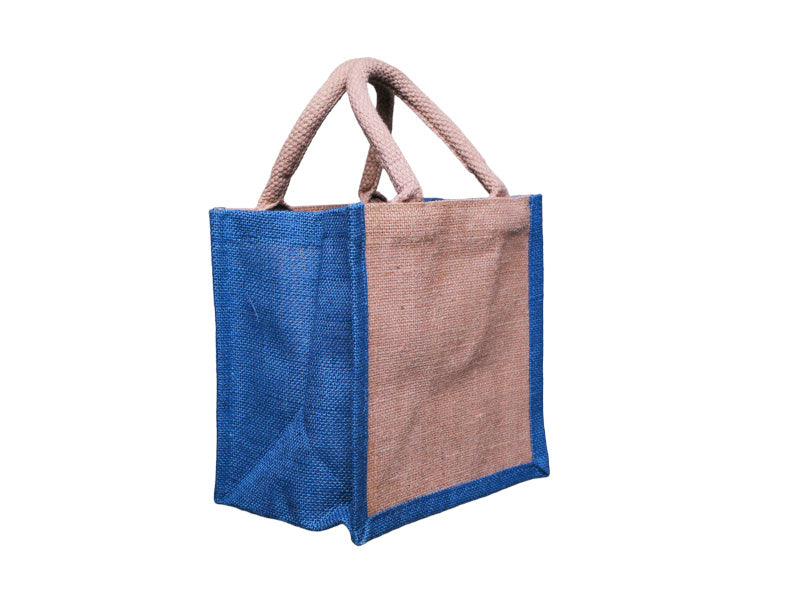 Two Tone Jute Tote Bag, Blue, Small 21 × 21 × 14 cm