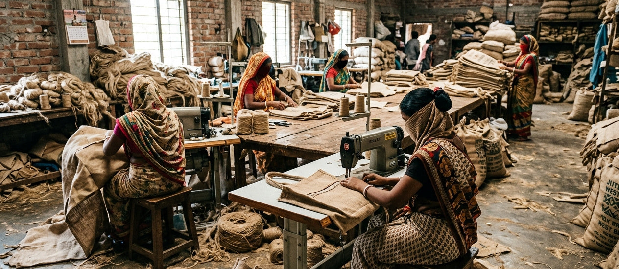Workers in a West Bengal factory making jute bags. AI generated.