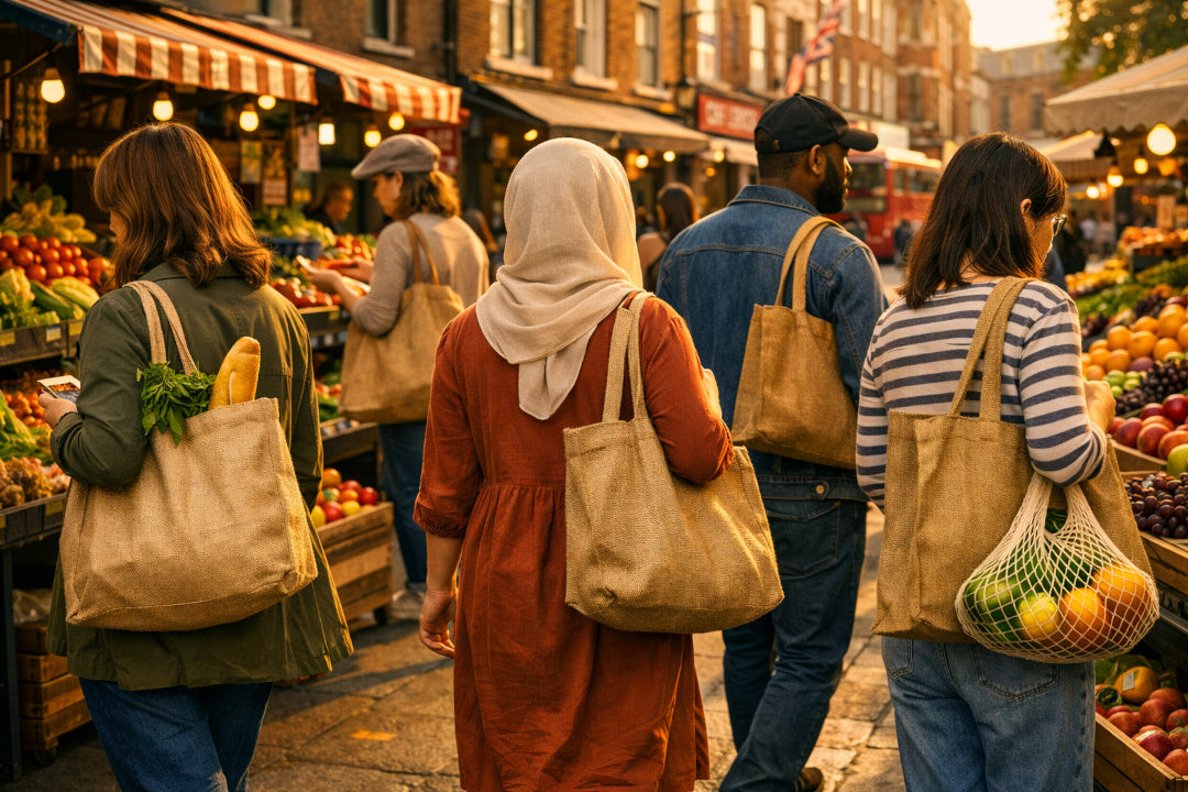 People shopping at an outdoor market with reusable bags. AI generated.