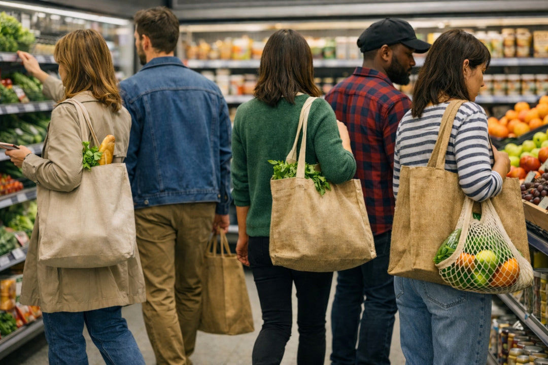 People shopping in a grocery store with reusable bags filled with groceries. AI generated.