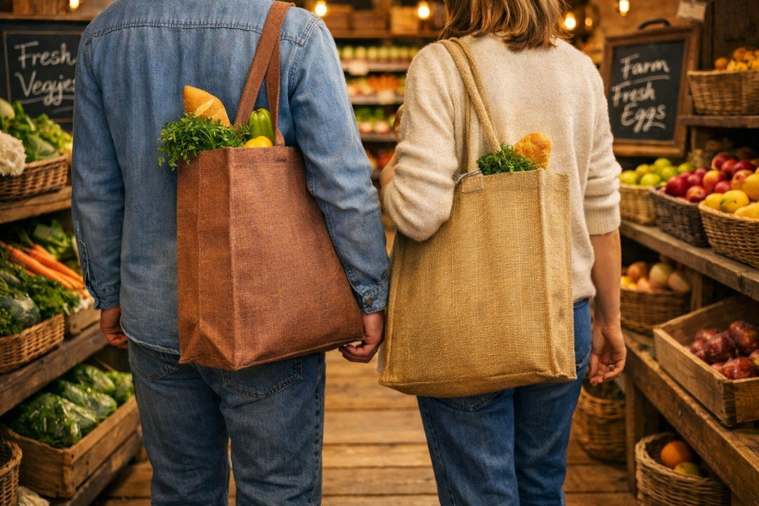 Couple shopping in a rustic grocery store holding eco friendly bags. AI generated.