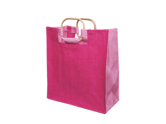 Jute Gift Bag with Cane Handles, Medium, Pink 28 × 31 × 13 cm