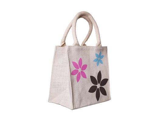 Jute Tote Gift Bag, Flower Design, Small 22 × 21 × 15 cm
